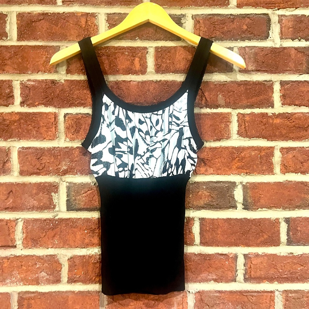 Bebe black and white camisole top with ribbed bottom and silk bust